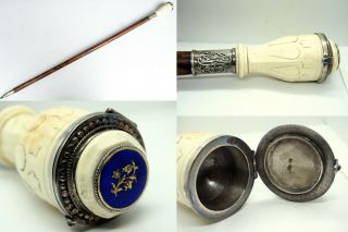 Antique Russian Imperial Solid Silver 84 Cane Walking Stick With Enamel