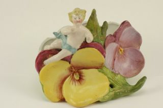 Antique German Bisque Porcelain Cherub Putti Sitting On Flower Vase