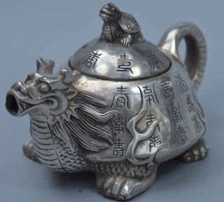 Collectable Handwork Old Miao Silver Carve Dragon Tortoise Lucky Decor Tea Pot