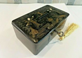 Antique Japanese Black Lacquer Papier Mache Money Box With Gold Gilt - Lock& Key