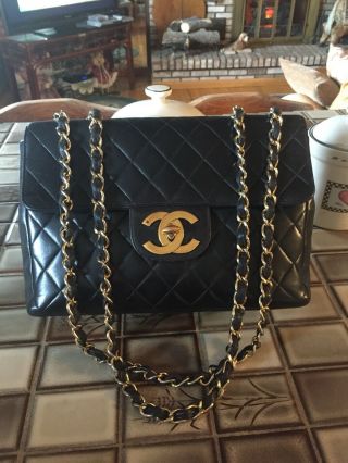 Authentic Chanel Vintage Jumbo Black Flap Bag.