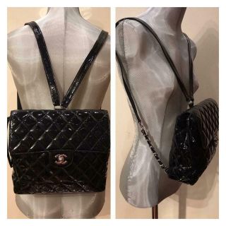 Rare Auth Chanel Black Patent Leather Quilted Matelasse Backpack Silver Hardware