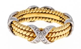 Vintage Tiffany & Co.  18k Gold Platinum Schlumberger Diamond Three Row X Ring 7