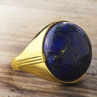 14k Solid Gold Mens Ring Natural Lapis Round Gemstone Vintage Style Gents Ring
