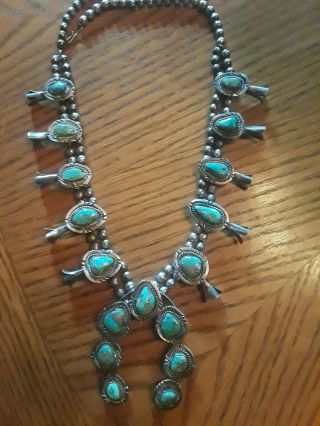 Antique Squash Blossom Necklace Royston Turquoise Sterling,  170 Grams,  27 " Big