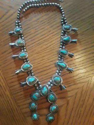 ANTIQUE squash blossom necklace ROYSTON Turquoise Sterling,  170 grams,  27 