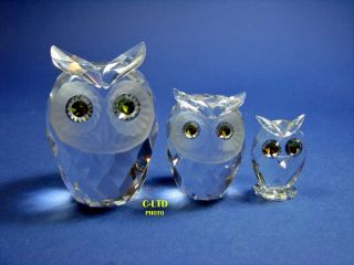 Vintage Swarovski Crystal : 3pc Owls Large,  Small,  Mini By M Schreck 1979 & 81