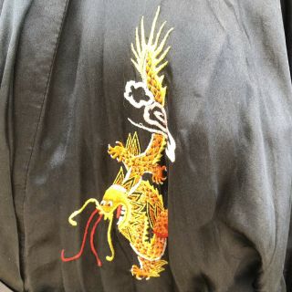 Vtg Chinese Dragon Sz M Black Silk Smoking Jacket Robe Embroidered w/Belt 2
