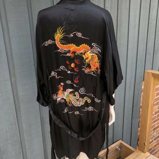 Vtg Chinese Dragon Sz M Black Silk Smoking Jacket Robe Embroidered w/Belt 3