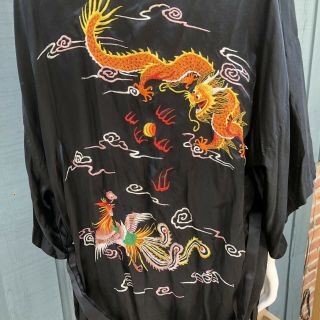 Vtg Chinese Dragon Sz M Black Silk Smoking Jacket Robe Embroidered w/Belt 4