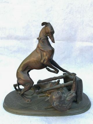 Antique Bronze Greyhound Dog And Cat At Play Statue 7.  7 Inches High
