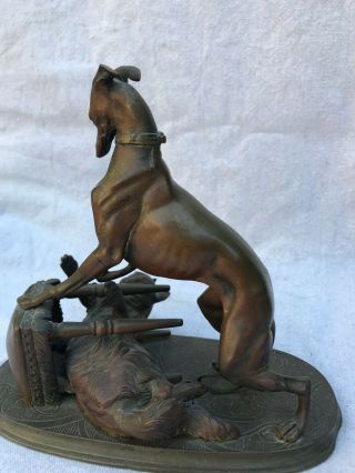 Antique Bronze Greyhound dog and Cat at play statue 7.  7 inches high 2