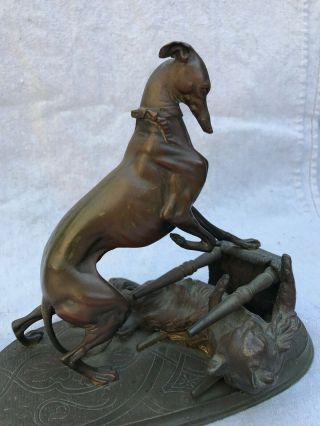 Antique Bronze Greyhound dog and Cat at play statue 7.  7 inches high 3