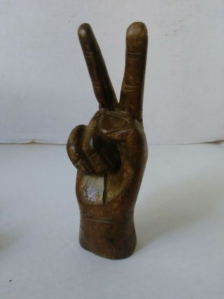 Vintage Hand Carved Dark Wood Peace Sign Hand Scupture Statue