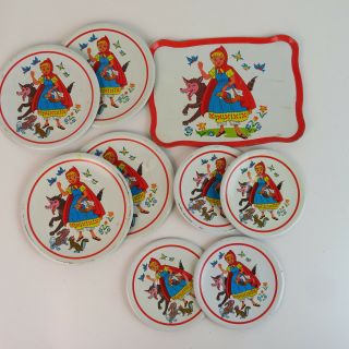 Vintage Tin Litho Little Red Riding Hood Child ' s Tea Set Plates and Tray No Cups 2