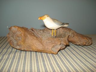 Vintage Small Carved Wood Painted Seagull Bird On Old Burl Branch