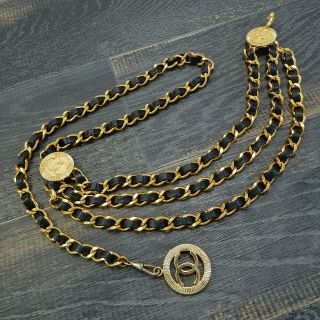 Chanel Gold Plated & Black Leather Cc Logos Vintage Chain Belt 4534a Rise - On