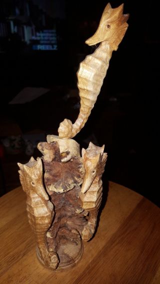 Vintage Cayman Island Hand Carved Wood Seahorse Sculpture