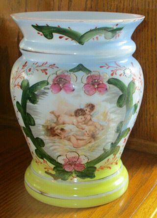 Antique Hand Painted Milk Glass Large Vase W Cherubs