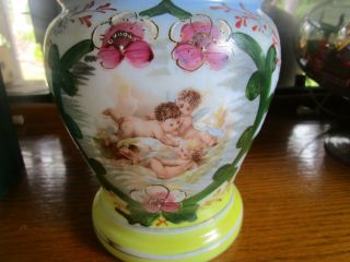 Antique Hand Painted Milk Glass Large Vase w Cherubs 3