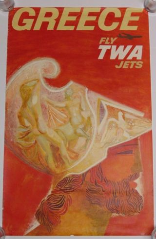 Rare Old Vintage 1960 Travel Poster Fly Twa Jets Greece By David Klein