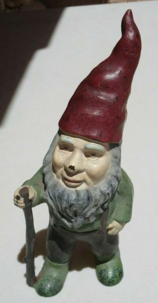 Antique Vintage Cast Iron Lawn Garden Gnome 13 1/2 " Tall