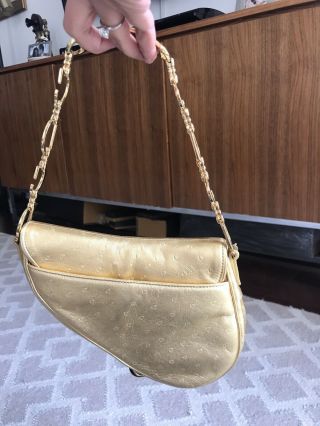 Rare Christian Dior Saddle Bag Gold Ostich With Unique Chain Gorgeous 12