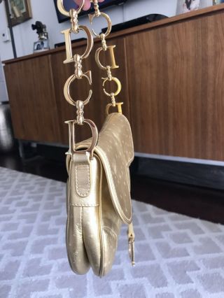 Rare Christian Dior Saddle Bag Gold Ostich With Unique Chain Gorgeous 7