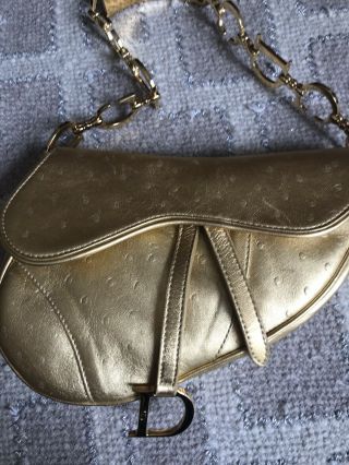 Rare Christian Dior Saddle Bag Gold Ostich With Unique Chain Gorgeous 9