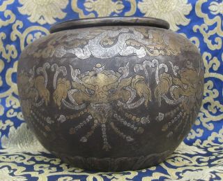 Antique Tibetan Master Quality Handmade Iron Silver Begging Pot Golpa,  Nepal