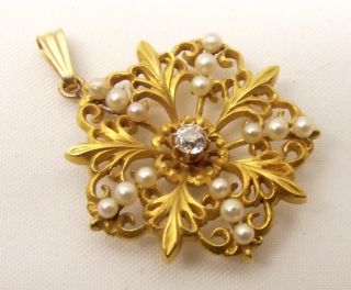 Vtg 14k Gold Diamond Seed Pearl Pendant Art Deco Filigree Flower Ornate.  15c