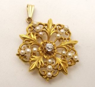 Vtg 14K Gold Diamond Seed Pearl Pendant Art Deco Filigree Flower Ornate.  15C 2