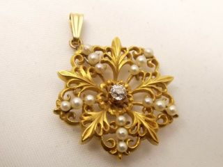 Vtg 14K Gold Diamond Seed Pearl Pendant Art Deco Filigree Flower Ornate.  15C 3