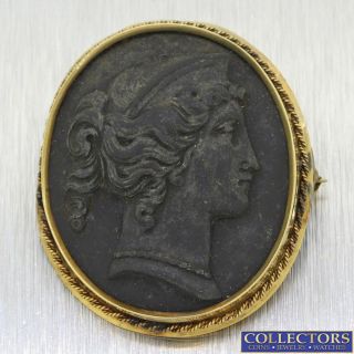 1880s Antique Victorian 14k Yellow Gold Black Lava Cameo Lady Face Brooch Pin Y8