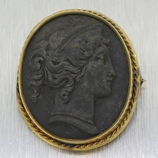 1880s Antique Victorian 14k Yellow Gold Black Lava Cameo Lady Face Brooch Pin Y8 2