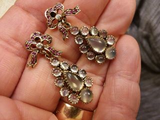 Art Deco Ruby,  Diamond Moonstone Bow Ribbon Topped 9k 10k Yellow Gold Earrings