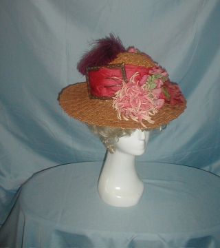 Antique Hat 1890 Braided Straw Floral And Buckle Trim