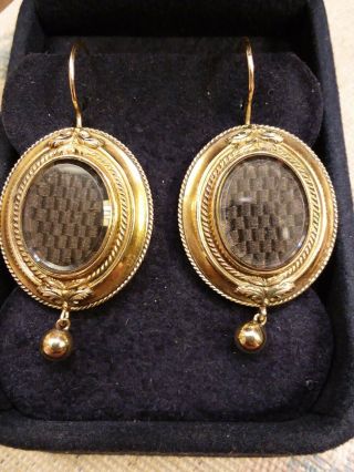 Victorian 14k Yellow Gold Huge Mourning Hair Earrings 6.  9g Braided Plaits