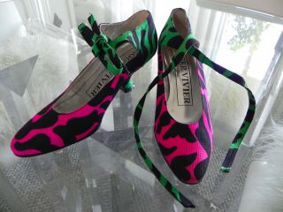 Vintage Roger Vivier Neon Green Hot Pink Black Kitten Heels Size 6.  5 Rare