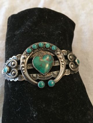 Vintage Mexico Sterling Silver Cuff Bracelet With Turquoise Heart And Stones