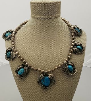 Heavy Navajo Signed Jr Sterling Silver Turquoise Beaded Necklace
