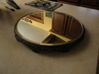 Antique Victorian 15 " Round Plateau Beveled Vanity Mirror Tray - 10 Footed Floral