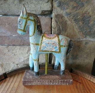 Vintage - Style Old World Hand Carved Hand Painted Blue Horse,  7.  75 " Tall,  Rustic