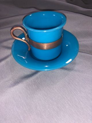 Vintage Chinese Blue Peking Glass Demitasse Cup & Saucer Copper Band And Handle