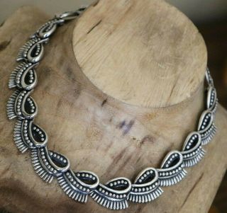 Los Castilo Mexico Silver Art Deco Repousse Link Necklace Earrings 122 Gm Taxco
