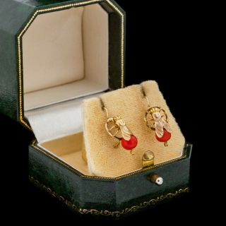 Antique Vintage Nouveau 18k Gold Etruscan Mediterranean Coral Insect Earrings