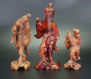 Group Antique Vintage Chinese Wood Carving Figurine Immortal 20th C