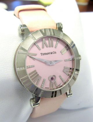 Rare Pink Tiffany 18k White Gold Lady Atlas Quartz Diamond Watch - 30mm - W Certs