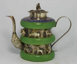 Chinese Old Jade Tibetan Silver Copper Engraving 12 Zodiac Teapot Monkey Cover R