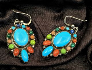 Vintage Sterling Native American Multi Stone Dangle Earrings Signed Rob Kelly